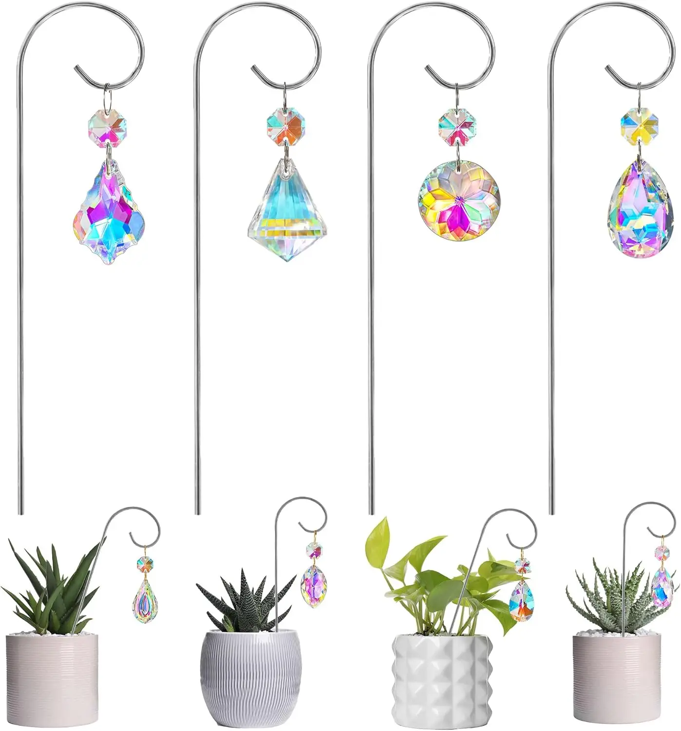4PC Mini Potted Plants Trellis with Crystal Prisms Suncatchers Rainbow Maker Plant Stakes SunCatchers Plant Decorations