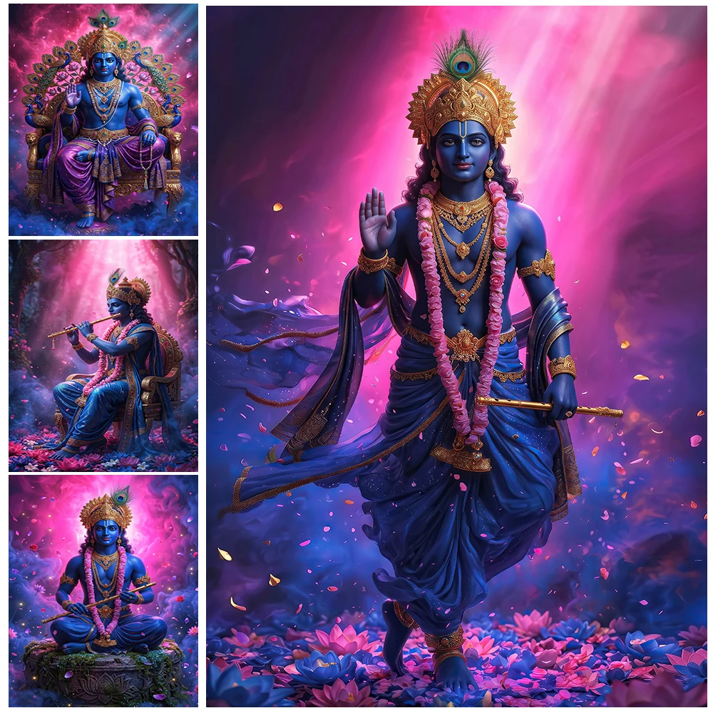 Hindu Deity Krishna Portrait Canvas Print, Vibrant Purple Pink Cosmic Background Wall Poster, Indian Spiritual Artwork Decor