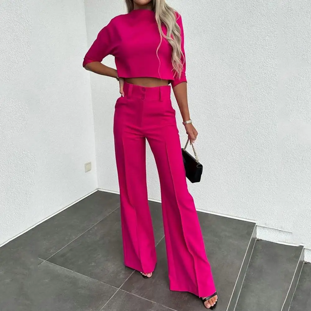 Women Formal Occasion Outfit Stylish Women\'s 2-piece Suit Solid Color Wide Leg Pants Crop Top Set for Chic Commute Women