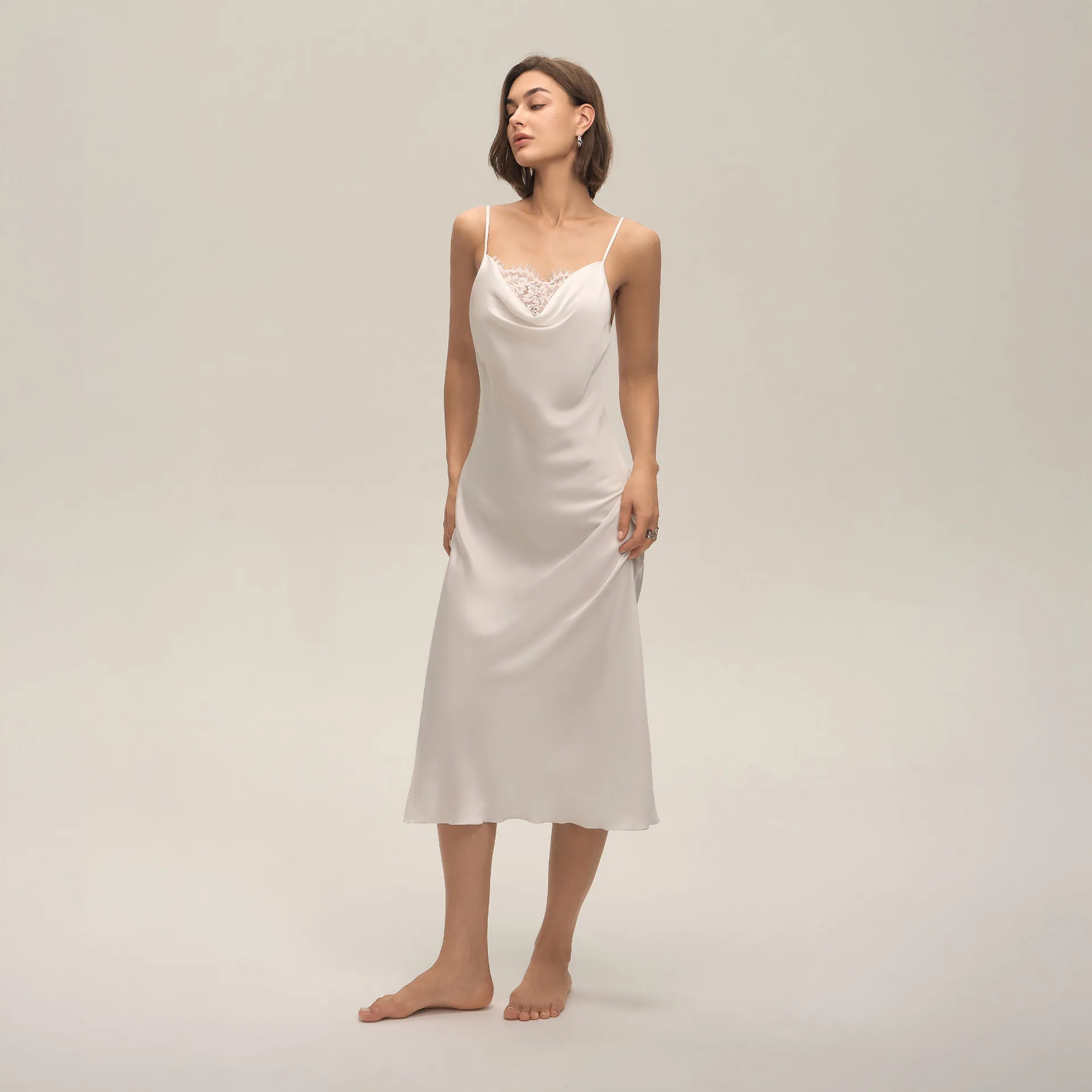 

Summer Swinging Collar Splicing Lace Solid Color Suspender Dress Loungewear