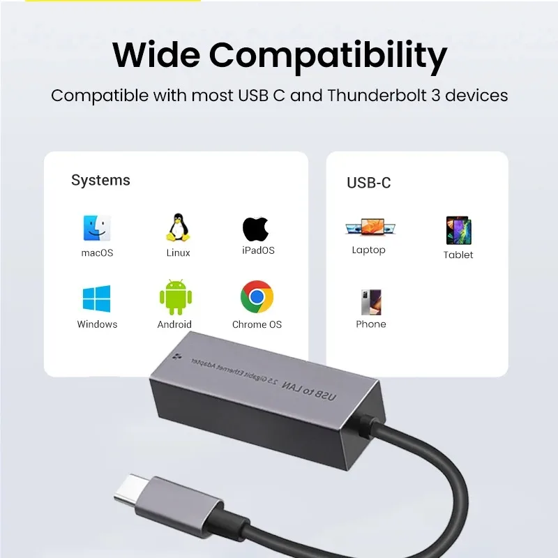 노트북 맥북 아이패드용 USB C 이더넷 어댑터, 2.5G, 1000, 100Mbps 네트워크 카드, USB 랜, RJ45 썬더볼트 3 ,USB C Ethernet Adapter 2.5G/1000/100Mbps Network Card USB Lan RJ45 Thunderbolt 3 for Laptop Macbook iPad Ethernet Network Card