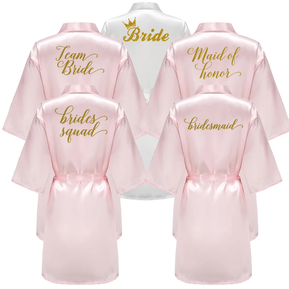 Wedding Party Bridesmaid Maid of Honor Robe With Gold Writing Letter Women Lady Pink Satin Bathrobe Kimono