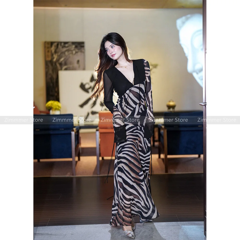 

Vintage Niche Zebra Patchwork Twill Cut Long Dresses Women's Sense Slim Slim Sleeve Long Dresses