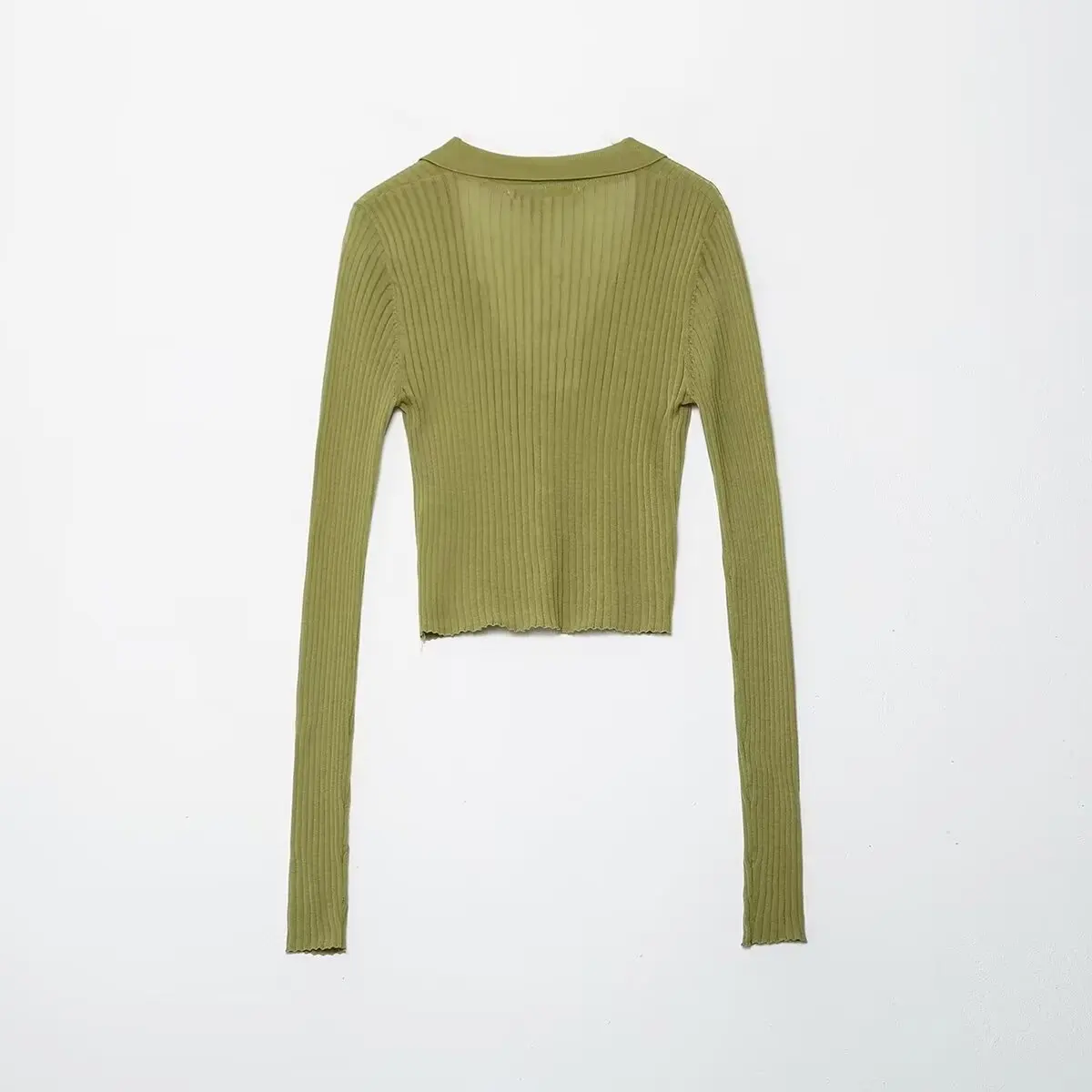 Withered French Grass Green Fashion Girl V-neck Knitted Sweater Long Sleeved T-shirt Women Crop Tops