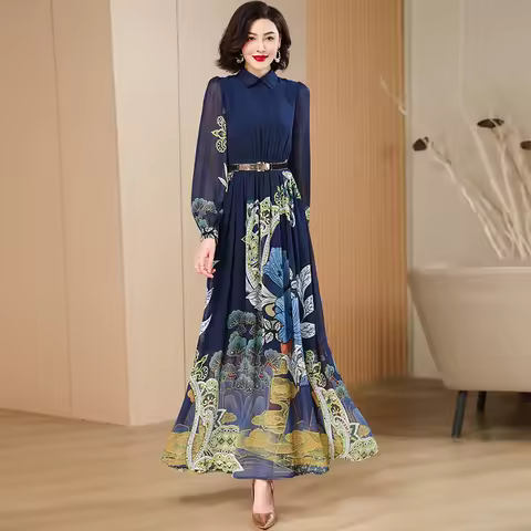 Chiffon Indie Folk Navy Long Dress Women Turn-down Collar Party Evening Long Sleeve Printed Floral Maxi Dress Photography