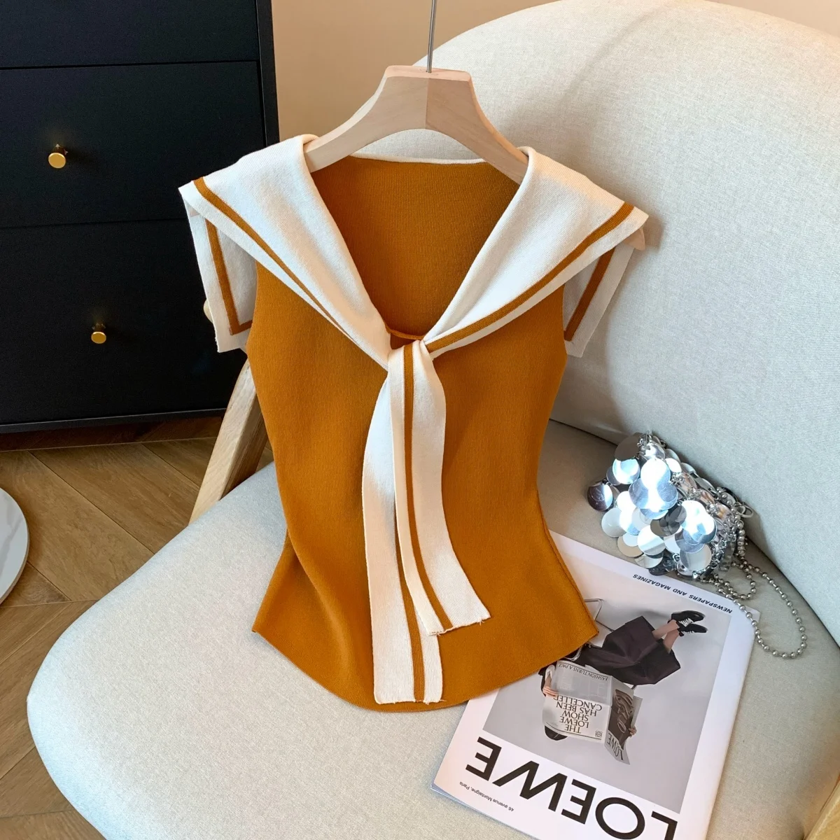 

Slim Fit Navy Collar Sleeveless Knitted Sweater Women's Summer Fashionable College Style Top Quality Nylon Material Regular T...