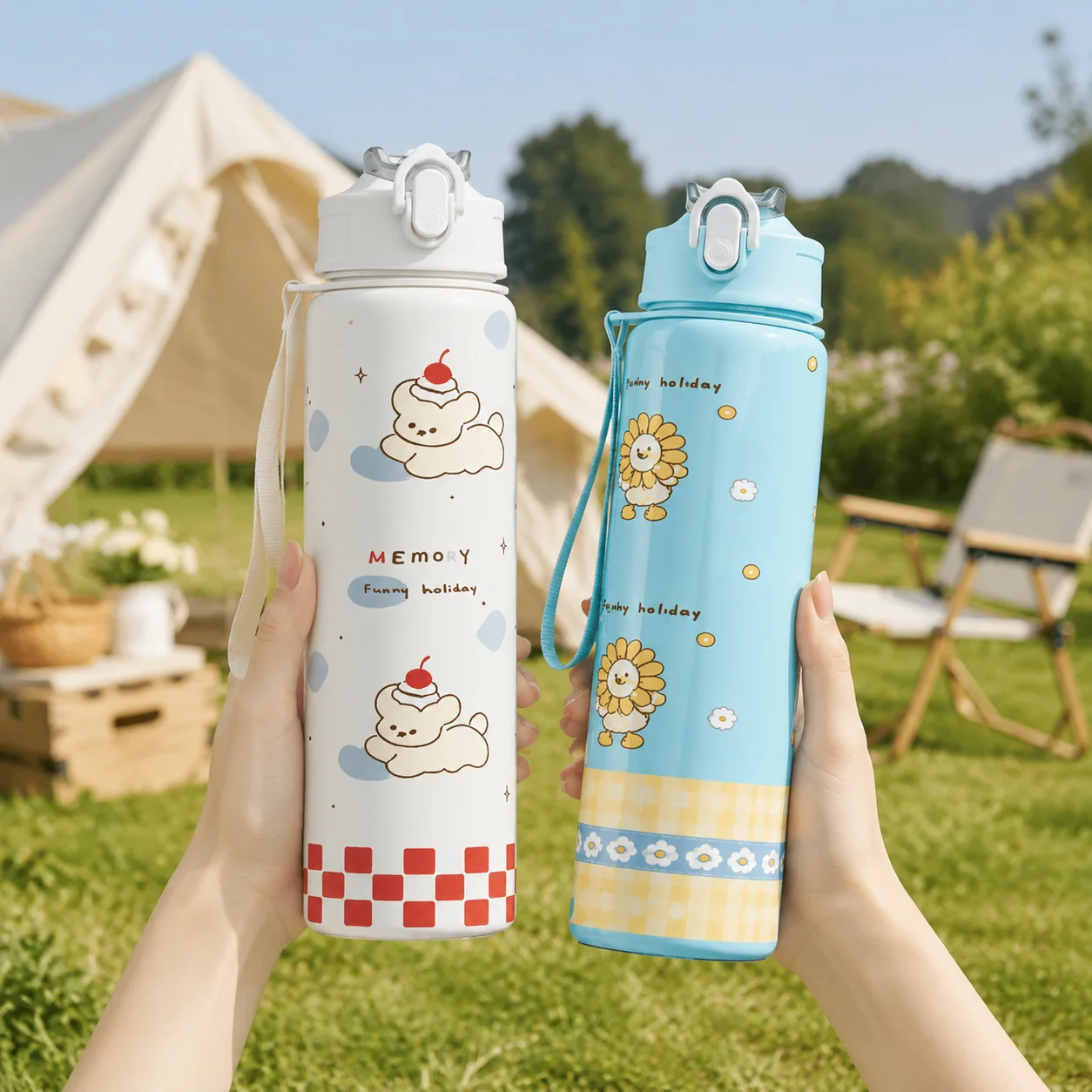 Cute Cartoon Print Water Bottle Flip Straw Lid Leakproof With Lanyard Portable Sports Drinking Cup For Student Outdoor Travel