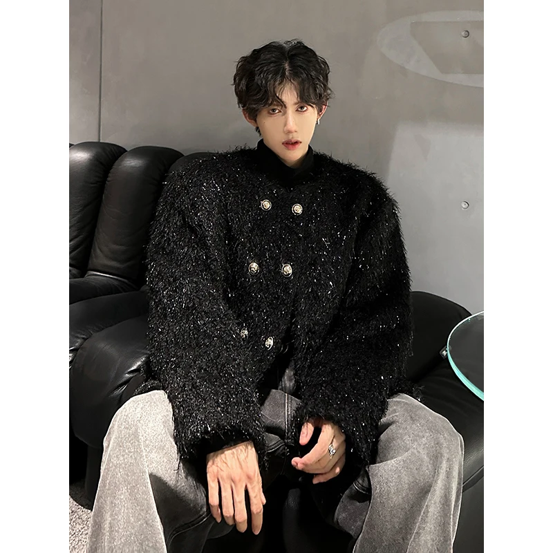 2024 Autumn Winter Male Light Luxury Handsome High-end Collarless Jacket Tops Men\'s Double-breasted Small Fragrant Plush Jackets