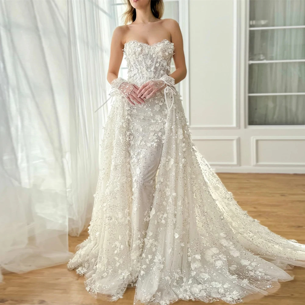 Elegant Women's Dresses for Evening Party Lace Sheath/Column Prom Dress Ivory Sweetheart Detachable Trailing Birthday Dress Long