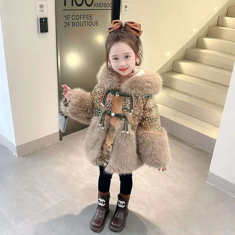 Winter Warm Jackets New Year Cotton Coats Cute Girls Jackets Baby Plus Velvet Thick  Kids Hooded Outerwear Children Shiny Coat