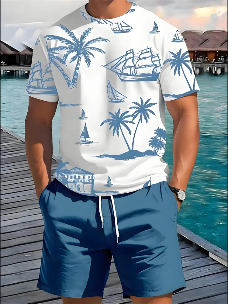 Nuevo Conjunto de pantalones cortos de manga corta para hombre, camiseta informal de verano de 2 piezas con estampado hawaiano para hombre, pantalones cortos de playa para deportes al aire libre para hombre