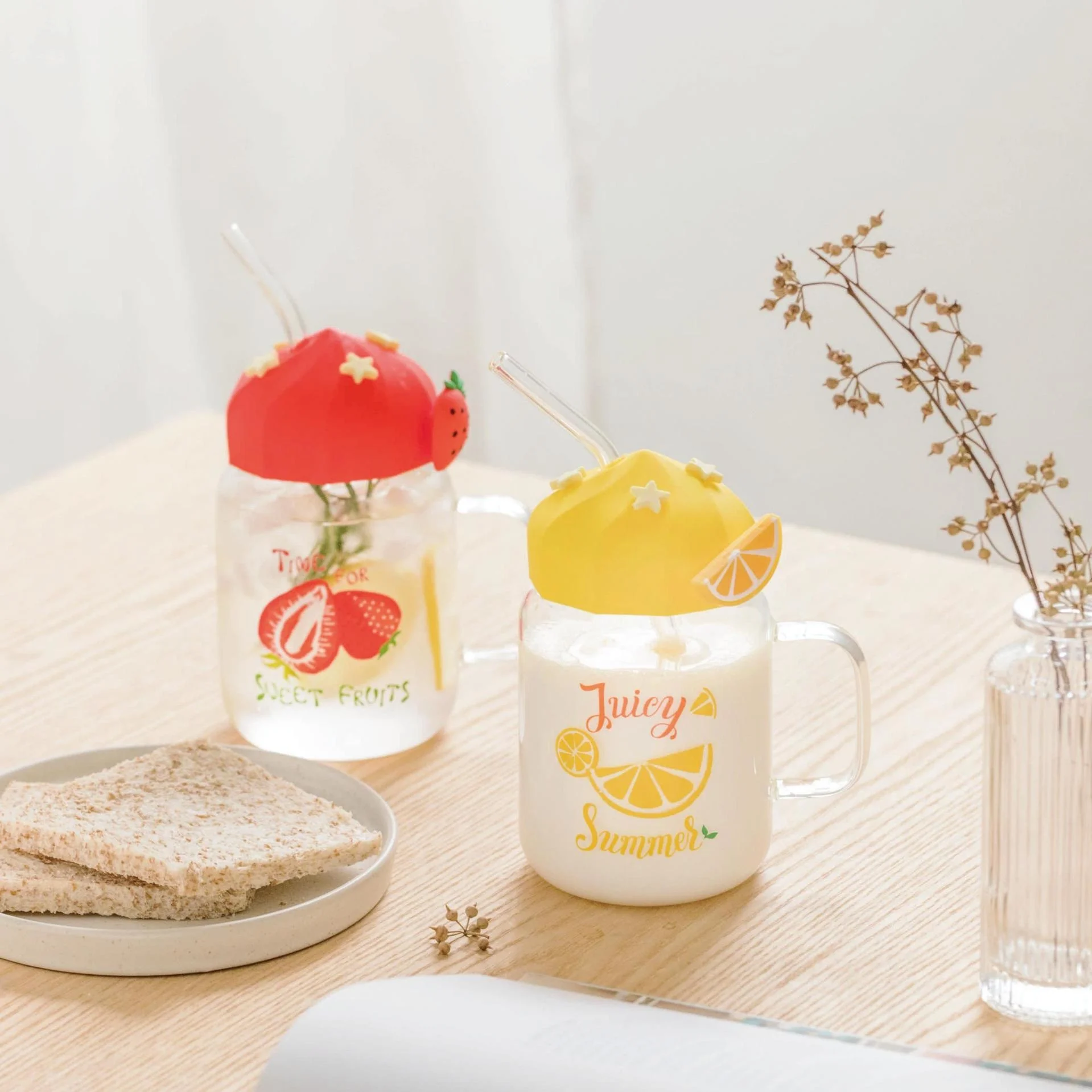 Yanxia Transparent Fruit Glass Cup Cute Large Capacity Student Girl Milk Breakfast Cup Office Drinking Water with Lid