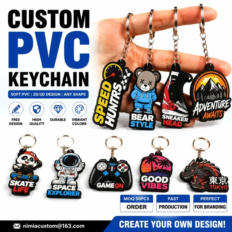 Custom Logo PVC Keychain Soft Rubber Keyring Personalized Keychain 2D 3D Design Wholesale Bulk Promotional Keychain MOQ 50PCS