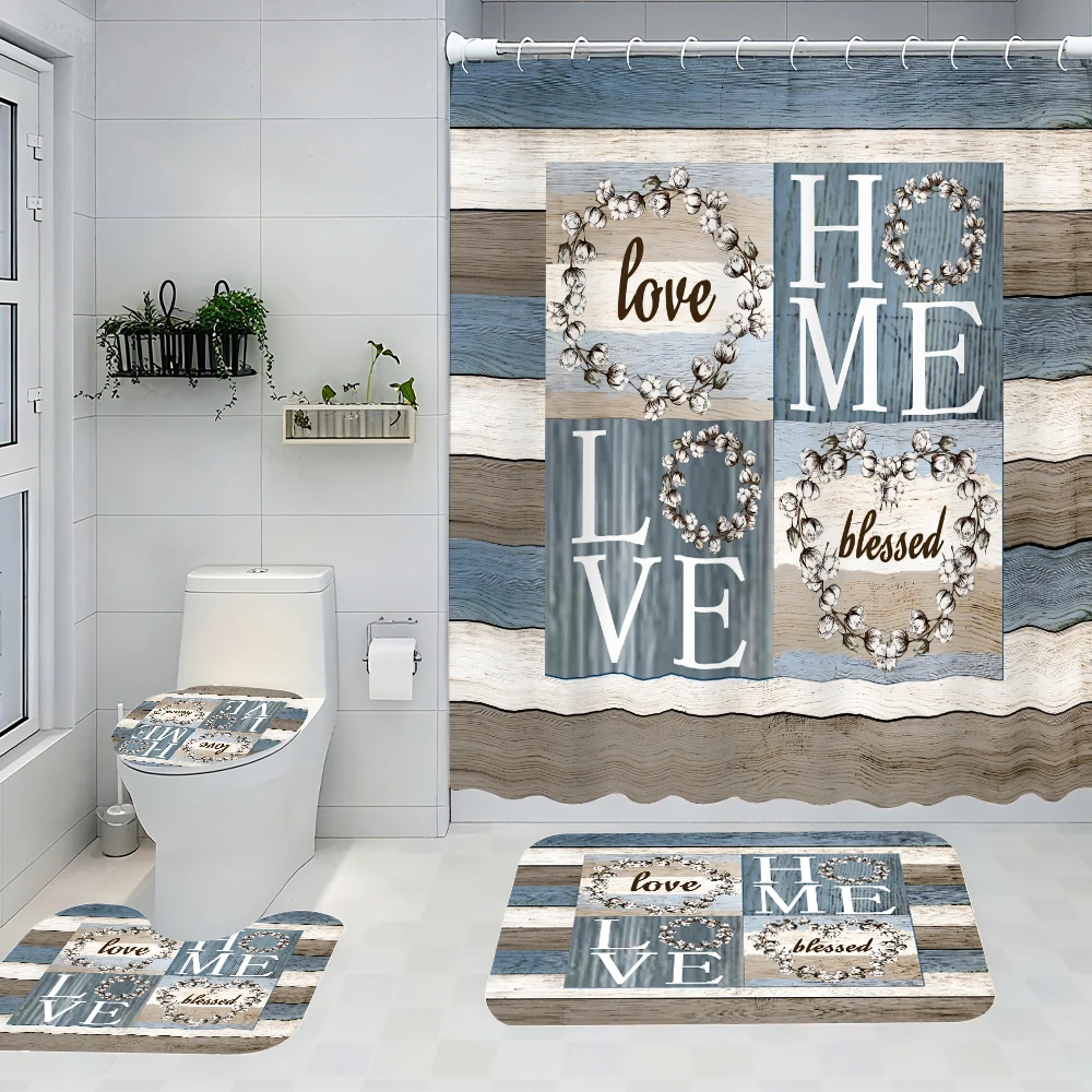 

4pc wood grain letter shower curtain, 2D Flat Printing. Bathroom partition curtain, home decoration, modern home window
