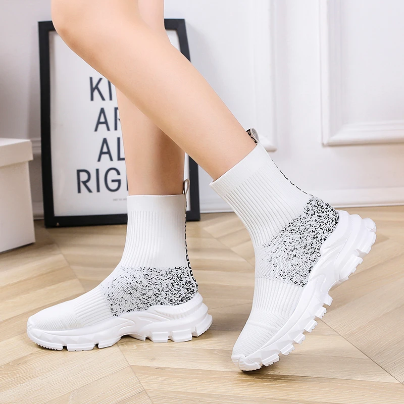 Women's Knitted Mesh Sports Shoes Elastic Fabric Slip-On Sock Shoes Fashion Thick-Soled Sneakers Daily Gym Walking Running Shoes