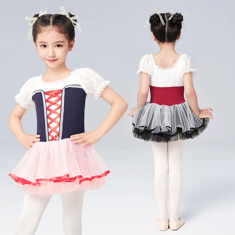 Girls Ballet Tutu Contrast Color Dress Puff Short Sleeve Leotards Toddlers Korean Gymnastics Ballet Dance Fluffy Dress Costumes