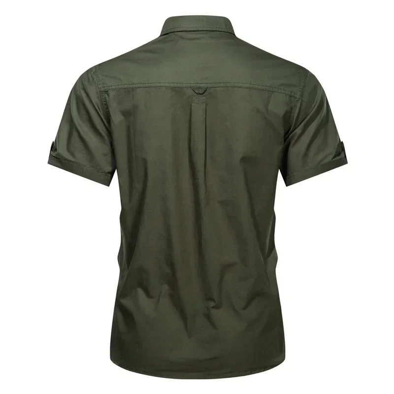 Camisas de algodão de manga curta masculina, camisa casual sólida para trabalho de bolso, verde cáqui, caminhadas, pesca, 5XL, novo