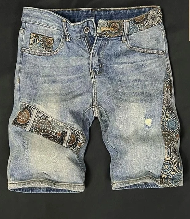 High-End Denim Shorts Men Trendy Summer Patchwork Casual Breeches Loose Men's Ripped Five-Point Pants streetwear mens clothing