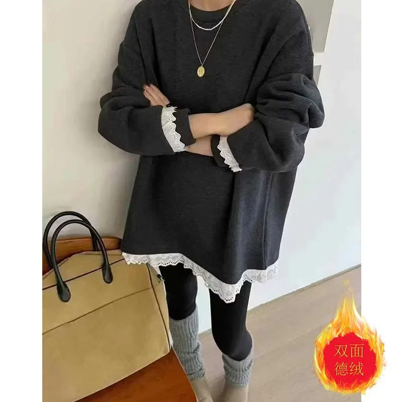 Loose and Grinding German Velvet Lace Casual Mid-length Long-sleeved T-shirt Women's Base Shirt Top