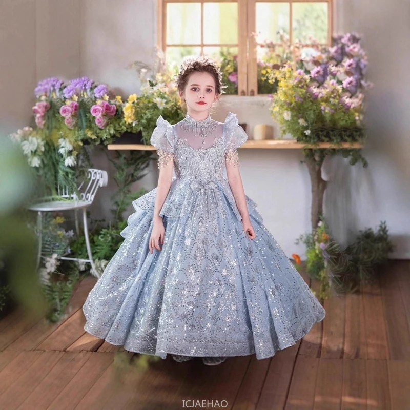 Long Dress Luxury Kids Girls Princess Birthday Gown Costume Flower Girl Wedding Dresses Children Host Piano Performance Outfit