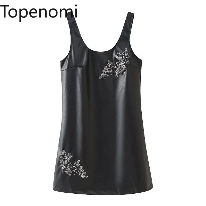 Topenomi Fashion Faux Leather Dress Women 2025 New Beading Backless Slim Chic Mini Dresses Sleeveless Evening Party Vestidos