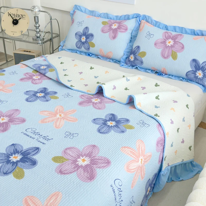 Flower Printed Quilted Bedspreads for Bed Thickened Bed Cover with Ruffles Queen/King Skin-friendly Bedspread Super Soft Quilt