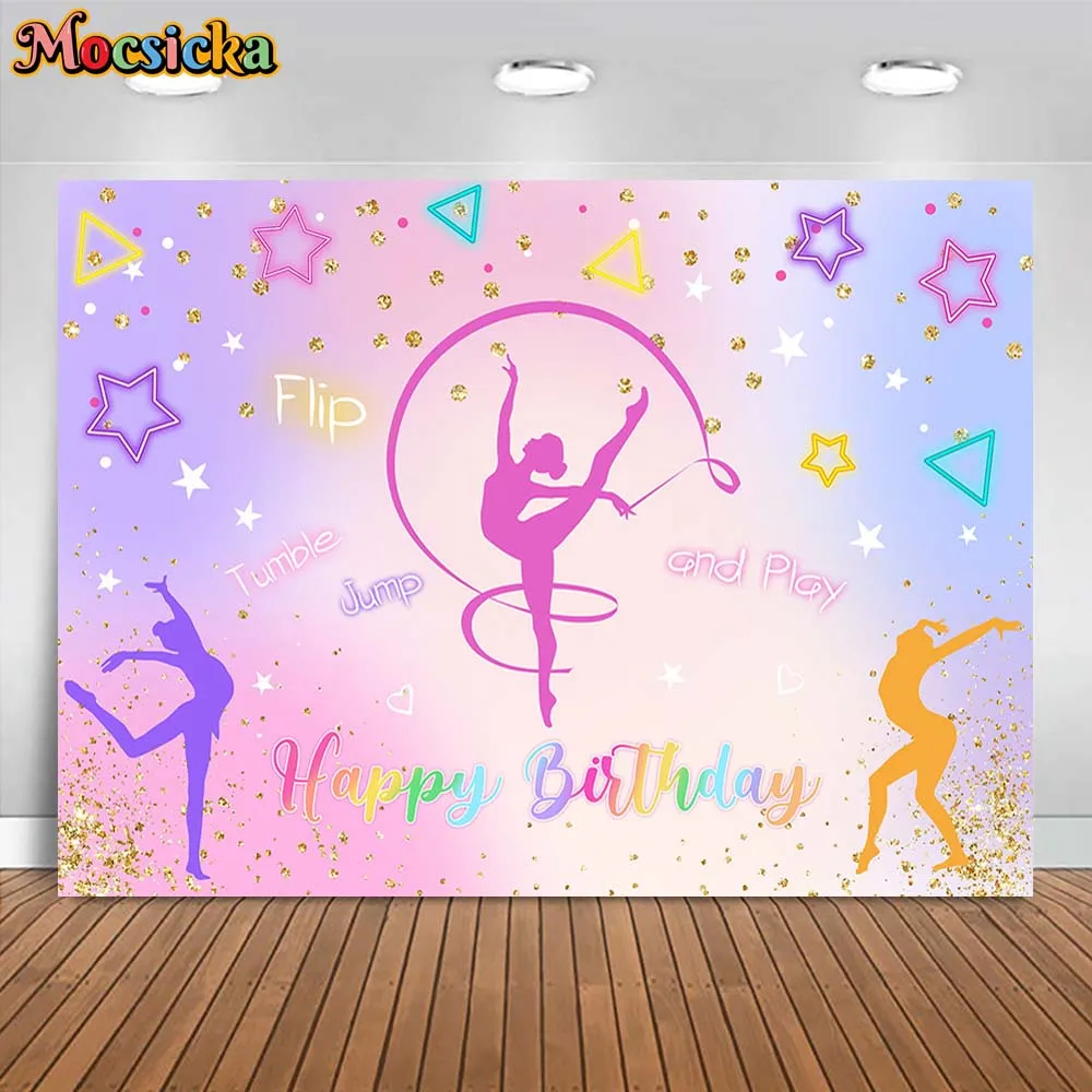 

Mocsicka Photography Background Gymnastics Birthday Gymnast Girls Tumbling Flip Jump Tumble and Play Decor Backdrop Photo Studio