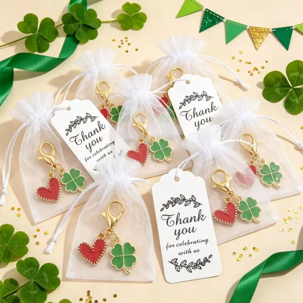10‑30 Sets Four‑Leaf Clover Heart Keychain with Card Organza Bag Bag Car Key Pendant Wedding Party Favor Lucky Charm Gift