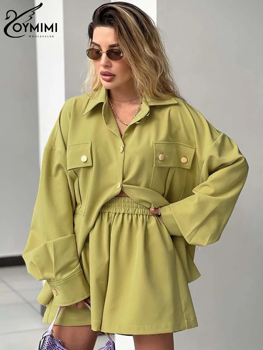 Oymimi Casual Yellow 2 Piece Sets Women Outfit Fashion Long Sleeve Pockets Button Shirts And High Waisted Simple Shorts Sets