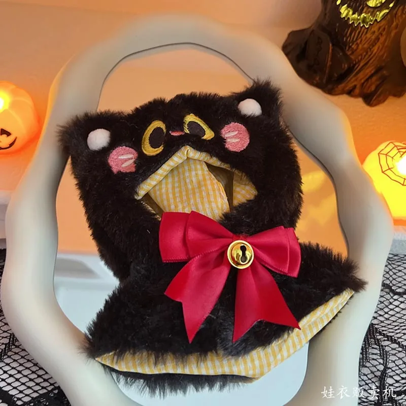 Plush Halloween Black Cat Skull Set Costume for 17cm Labubu V1/v3 Doll Accessories Pumpkin Skull Bell Bow Accessory for Labubu