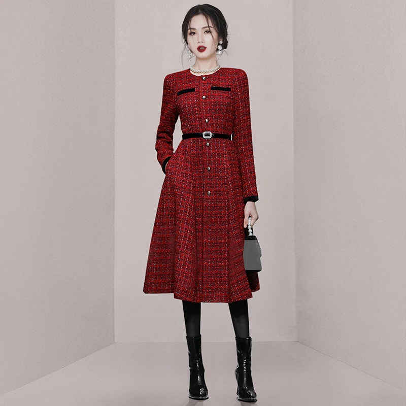 

2023 New Designer Autumn Small Fragrance Office Women Dress Luxurious Beads Belt O Neck Long Sleev Tweed Slim Party Dresses