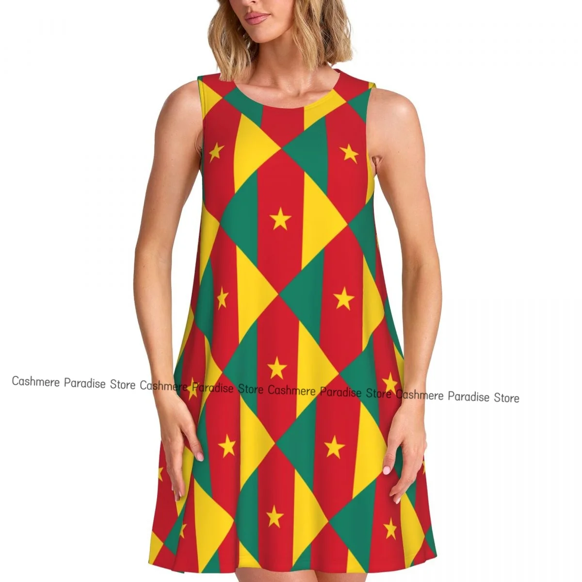 فستان نسائي صيفي كاجوال بعلم الكاميرون فساتين تي شيرت لتغطية الشاطئ فستان بدون أكمام