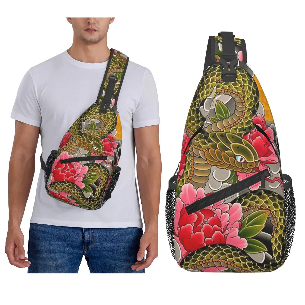 Japanese Art Tattoo Snake Peonies Flower Ink Chest Bag Men Sling Crossbody Backpack Chest Bag Travel Hiking Daypack Shoulder Bag