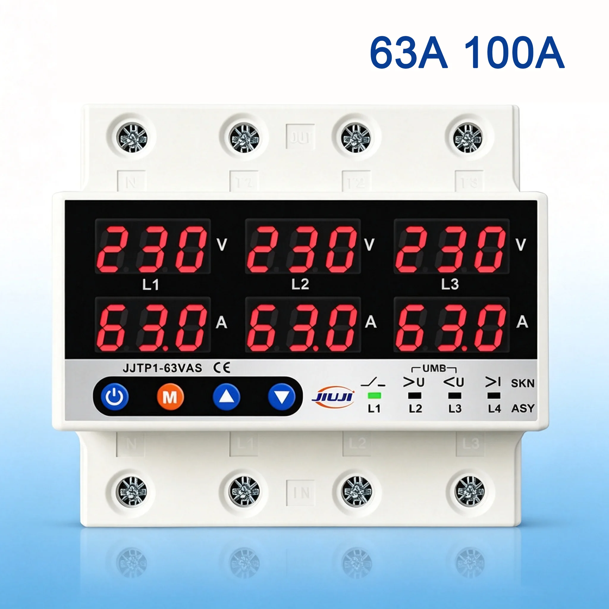 JIUJI 3‑Phase Sync‑Async Din Rail Protector JJTP1‑63VAS 63A Real‑time Voltage Current Monitoring Protection Relay
