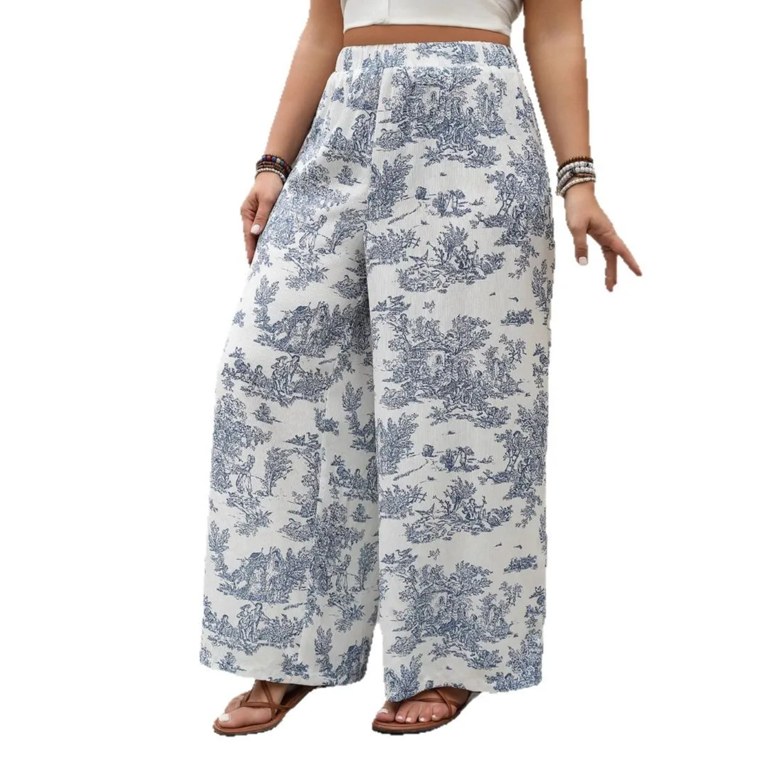 

Plus Size Women's Floral Print Summer Boho Wide Leg Pants Elastic Waist Beach Vacation Pants Loose Casual Trousers XL-2XL