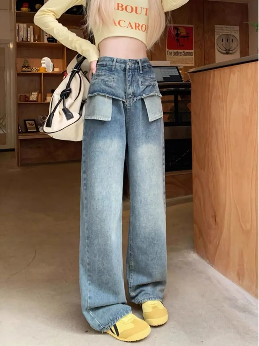 Splicing Jeans Revealed Pockets Design High Waist Blue Straight Leg Women Jeans Stylish Streetwear Loose Floor Mopping Pants