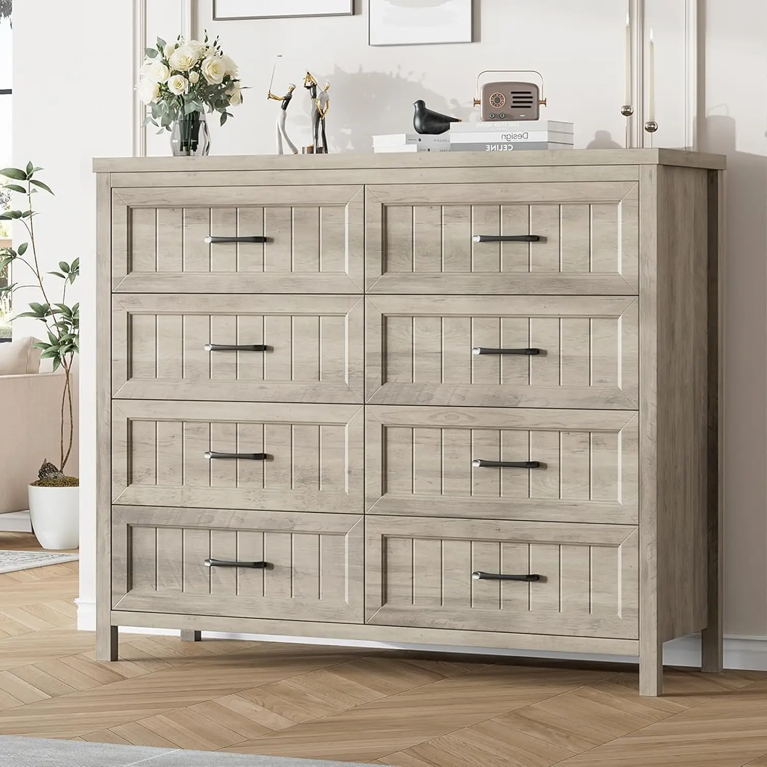 Dresser 8 Drawer Dresser for Bedroom, Large Wooden Dressers Double Grey Dresser with Deep Drawers Dressers for Hallway, Entryway