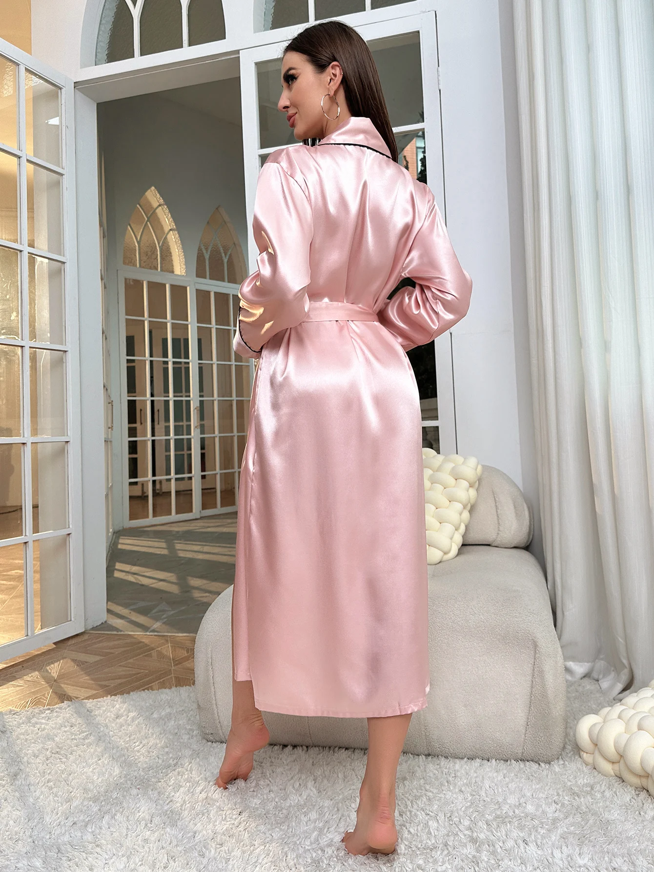 Simple Satin Night Robe Long Sleeve V Neck Robe With Belt  Women\'s Sleepwear