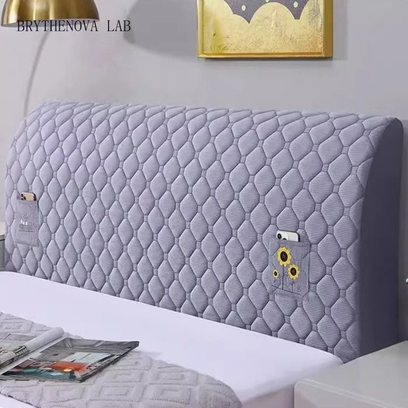 1pcs Elastic Wrap 3D Quilted Cotton Headboard Cover Thickened Anti-collision Pad Backrest Pocket Storage Solid Color Dust Hood