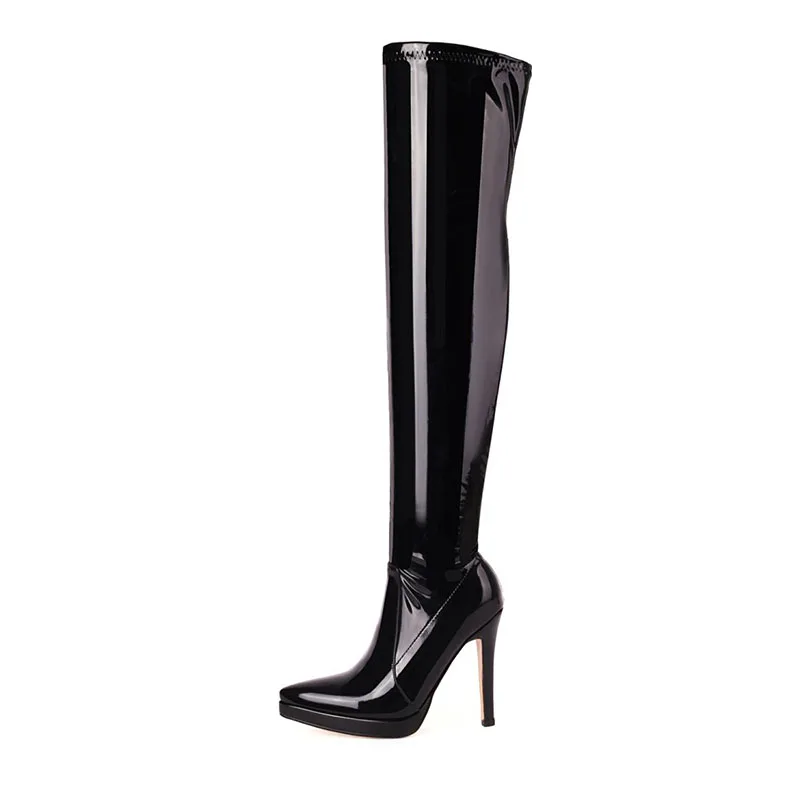 Arden Furtado 2024 Autumn Woman's Patent Leather Thigh high boots Pointed toe Platform Side zipper Super high heel Modern boots