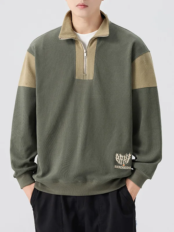 

Мужская толстовка на молнии в американском ретро-стиле, плотная (380 г), свободного кроя, с контрастными вставками, воротником-стойкой, повседневная, с длинным рукавом