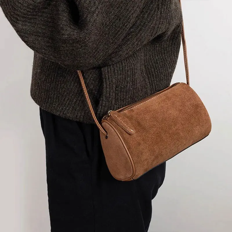 NamcheBarwa Melard Wind Suede Pu Women's Bag Retro Round Cylinder Matte Business Single Shoulder Cross-Body Bag Boston Bag