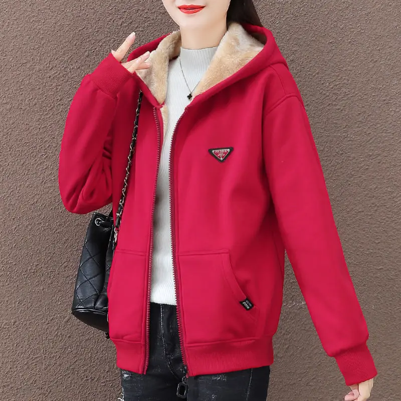 Autumn Winter Casual Fashion Zipper Hoodies Top Women Oversized Loose All-match Coat Ladies Solid Plus Velvet Warm Cardigan