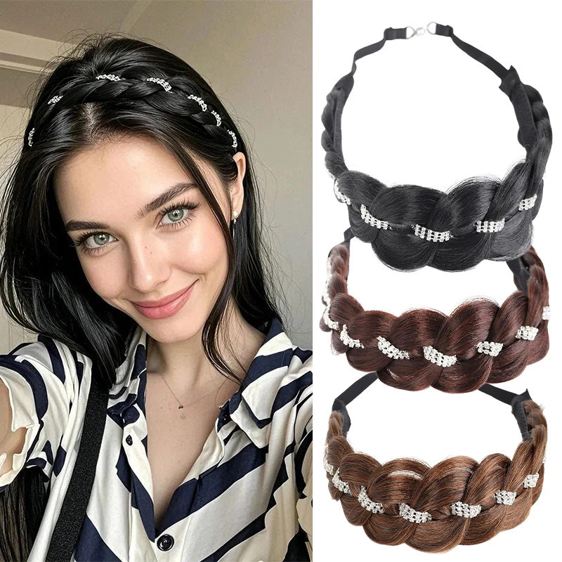 Synthetic Rhinestone Braid Magnetic Headband Wig, Stylish Synthetic Hairpiece with Hook and Loop Fastener for Comfort.