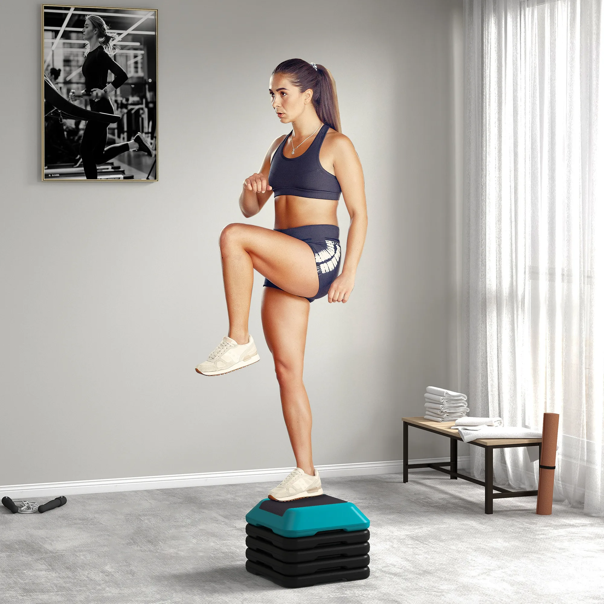 SPORTNOW Step de Aeróbic con Altura Ajustable de 10/15/20/25/30 cm Azul