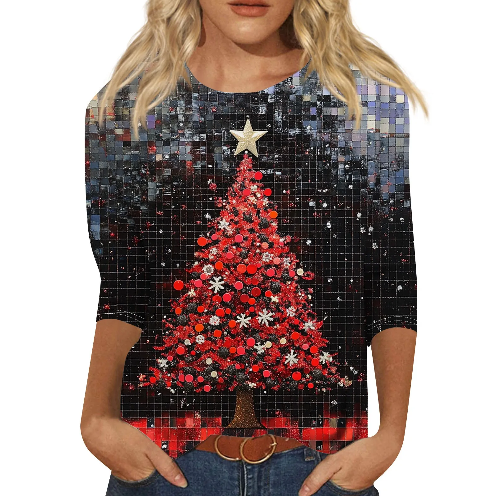 Women's Fashion Casual Round Neck 3/4 Sleeve Loose Christmas Printed T-Shirt Ladies Top Tops for Women Womens Tops and Blouses