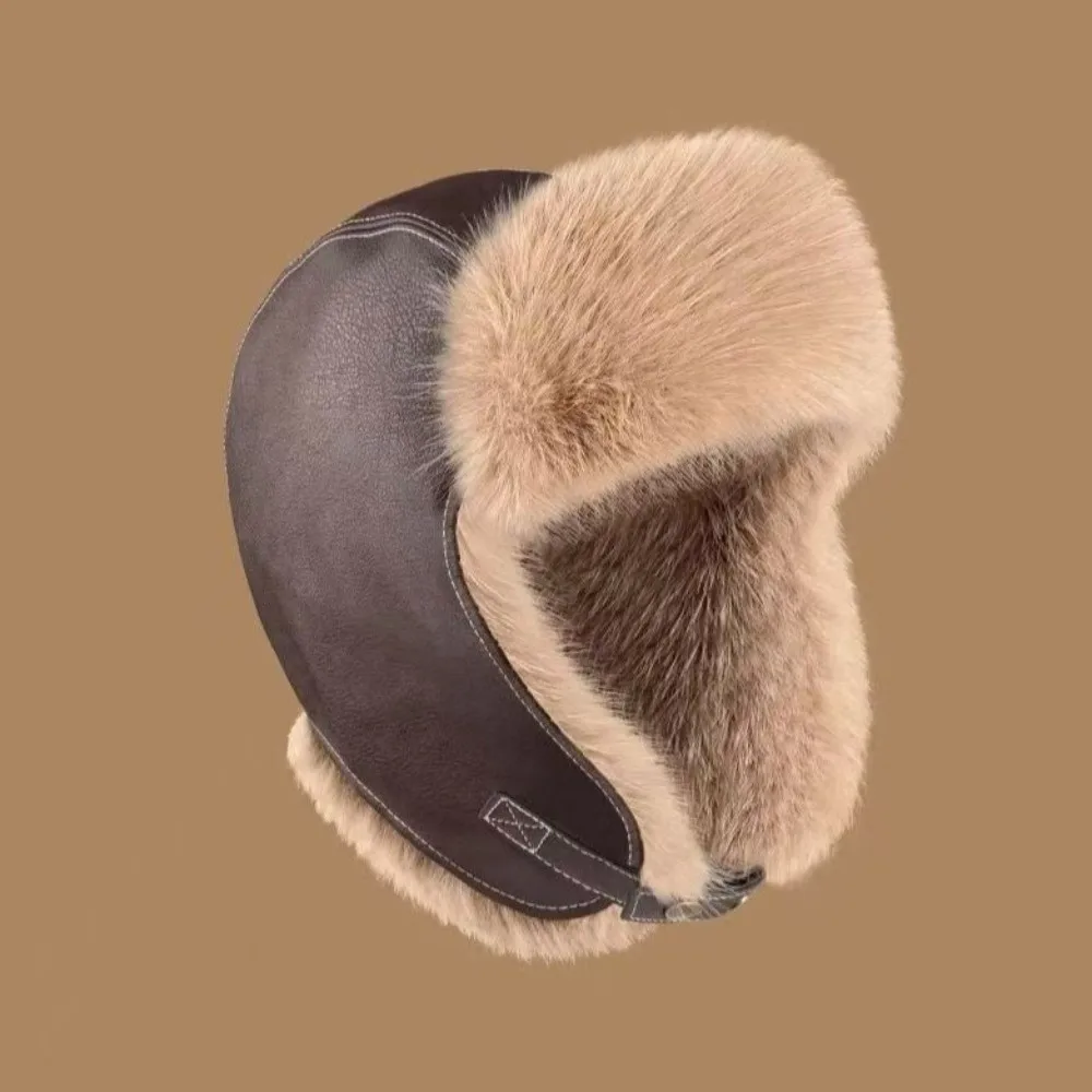 Faux Leather Winter Warm Hat Thick Material Faux Fur Lined Faux Leather Ear Flap Hat Ear Flap Design Windproof Construction