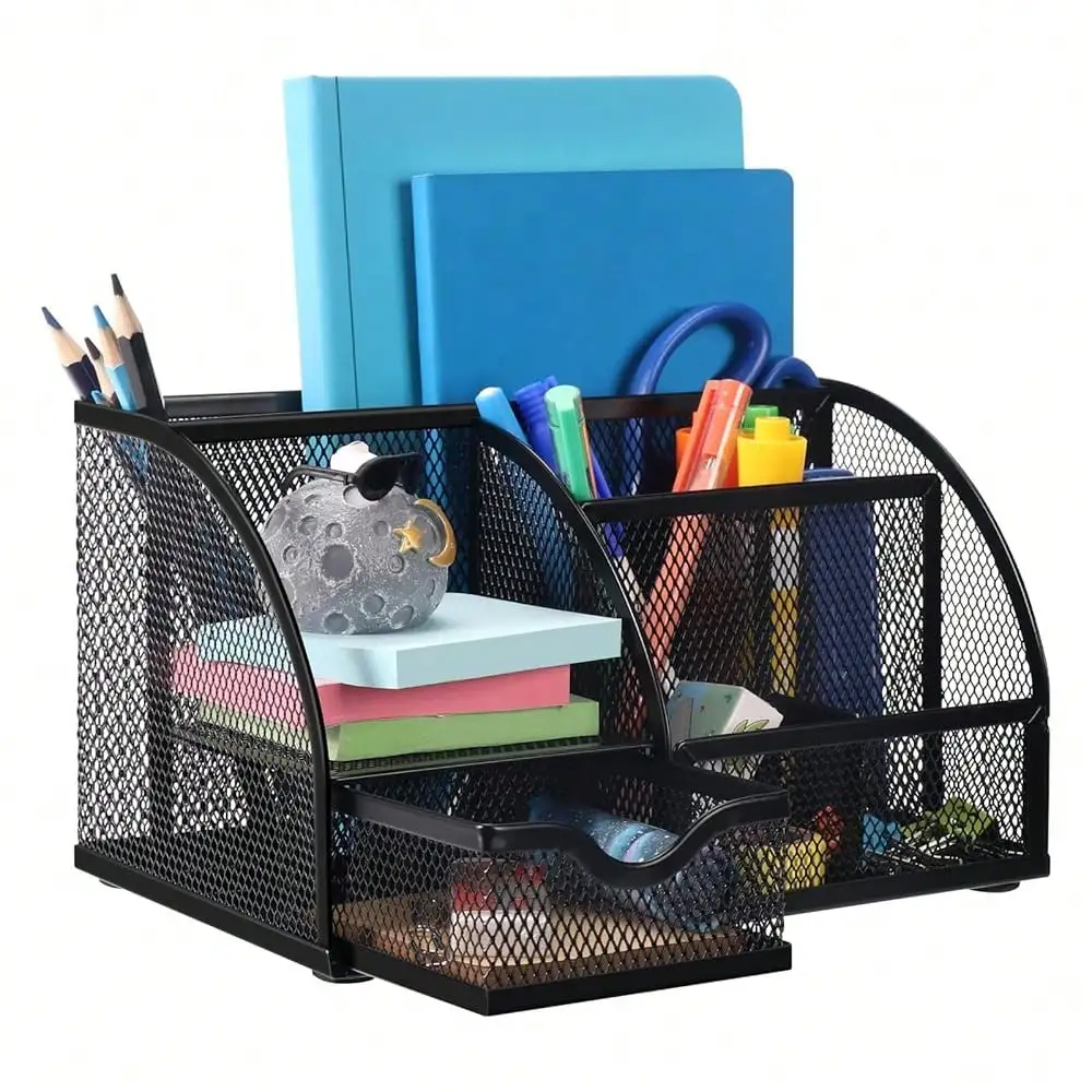 

Comix Mesh Pen Pencil Holder Desk Organizer, 8 Compartment And 1 Drawer Wire Desktop Pen Pencil Cup Caddy Office Supplies Accessories For Home Office Schoolsss, Black