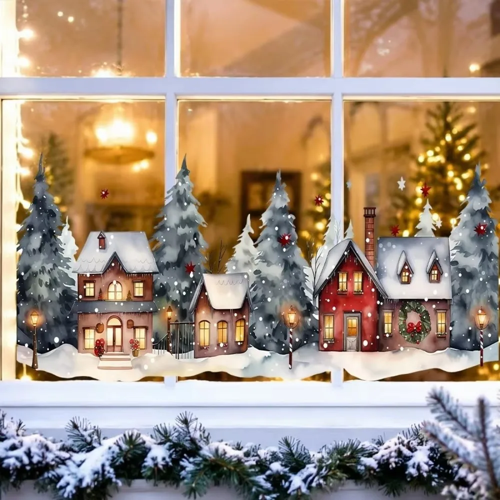 Waterproof Christmas Village Window Stickers Watercolor Style Static Adhesive Village Window Decals Snowy House Pattern