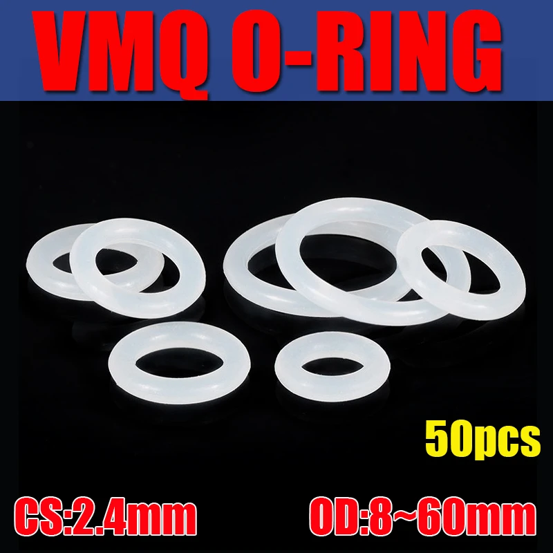 50pcs VMQ O Ring Seal Gasket Thickness CS2.4mm OD8 ~ 60mm Silicone Rubber Insulated Waterproof Washer Round Shape White Nontoxic